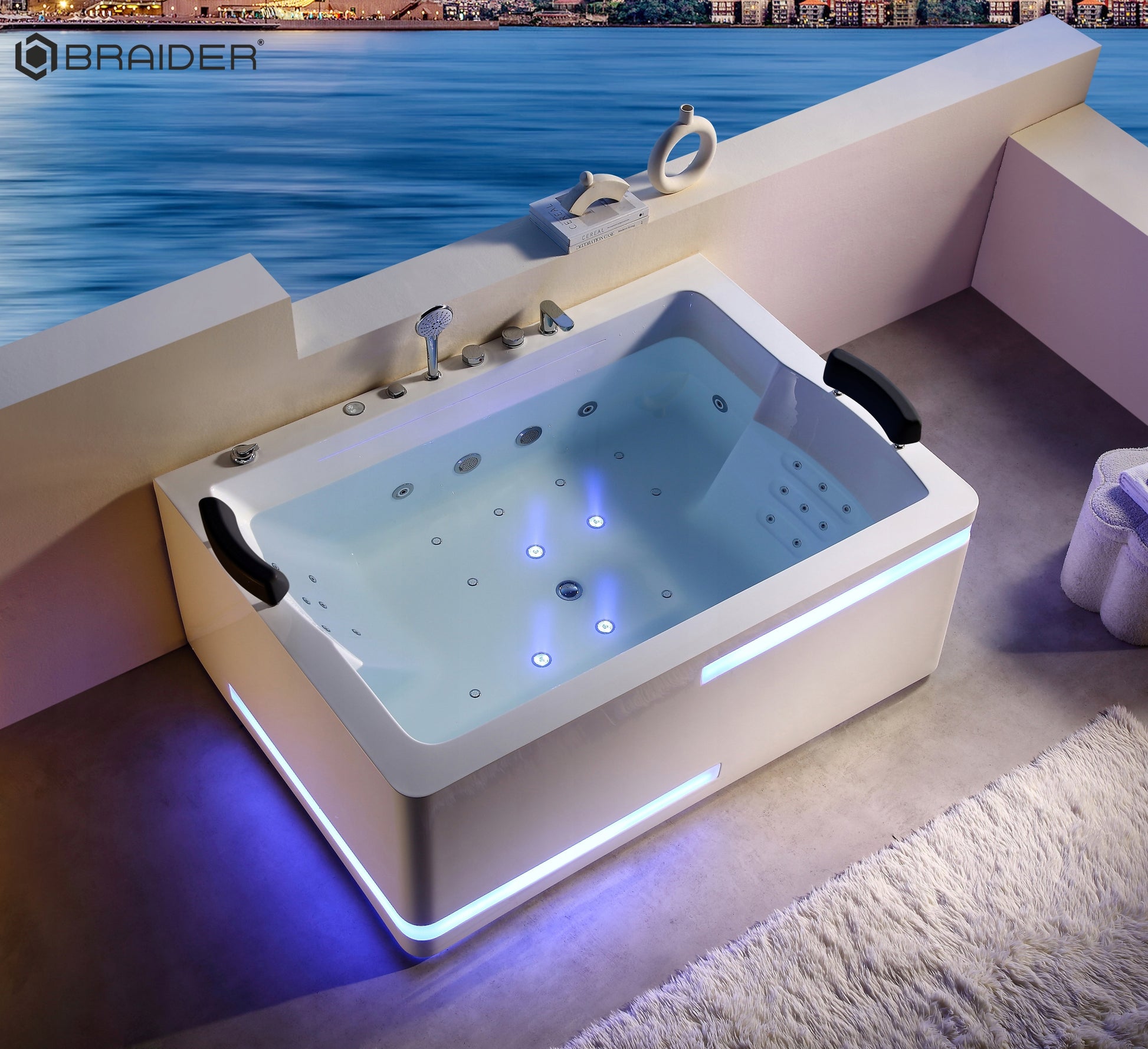 Akrylowa wanna wolnostojąca Braider, wanna Restia, wanna przyścienna, biała, wygodna wanna, wanna Braider, wanna z hydromasażem, domowe SPA, jacuzzi