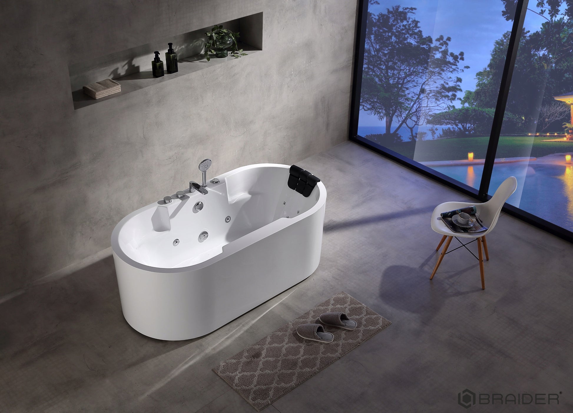 Akrylowa wanna wolnostojąca Braider, wanna Restia, wanna przyścienna, biała, wygodna wanna, z hydromasażem, jacuzzi, SPA