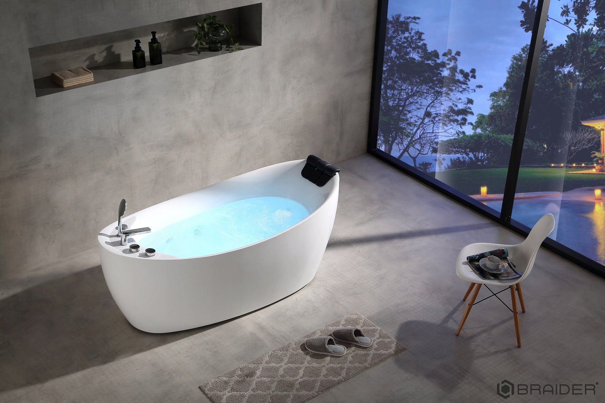 Akrylowa wanna wolnostojąca Braider, wanna Restia, wanna przyścienna, biała, wygodna wanna, z hydromasażem, jacuzzi, SPA