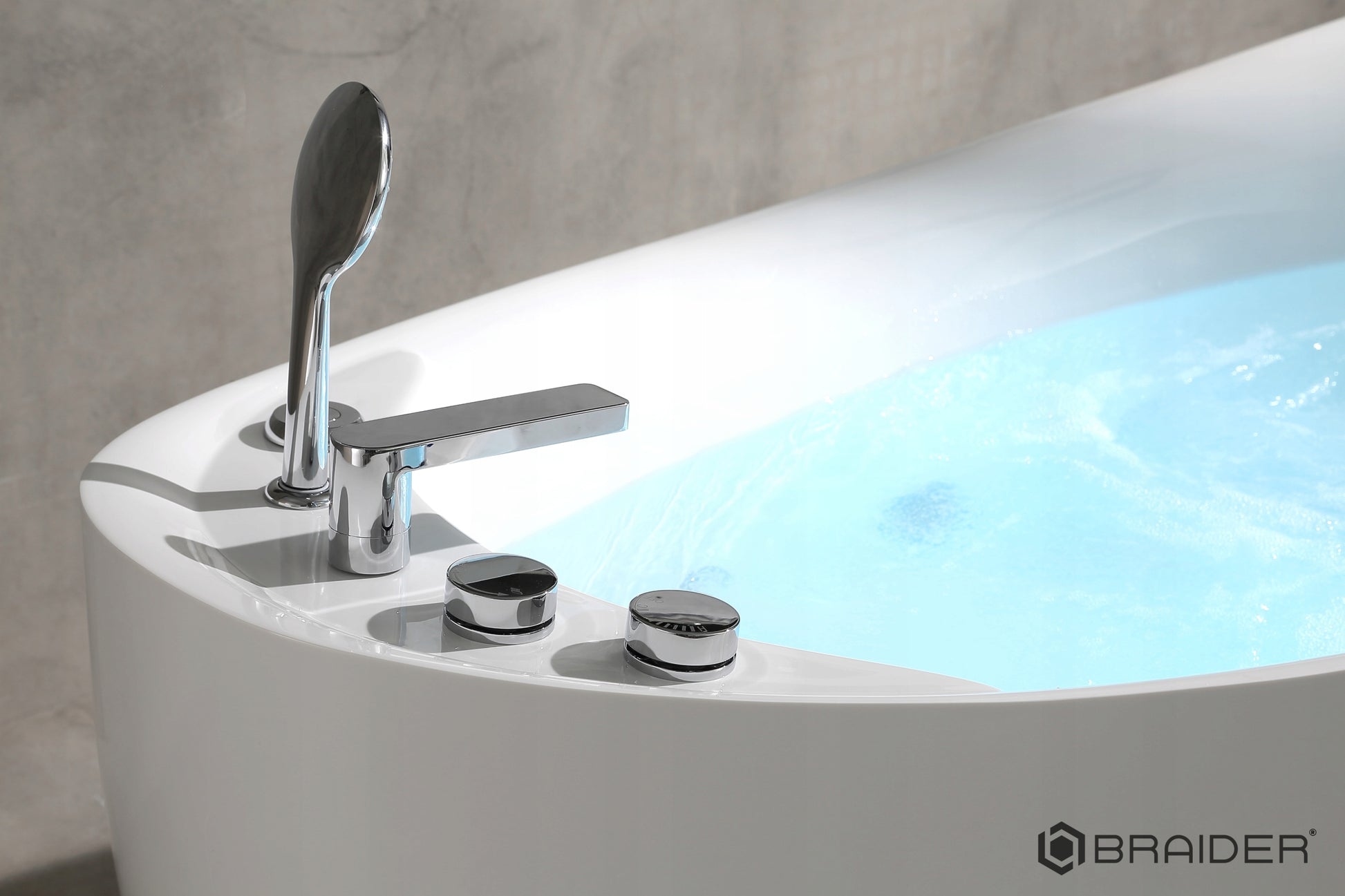 Akrylowa wanna wolnostojąca Braider, wanna Restia, wanna przyścienna, biała, wygodna wanna, z hydromasażem, jacuzzi, SPA