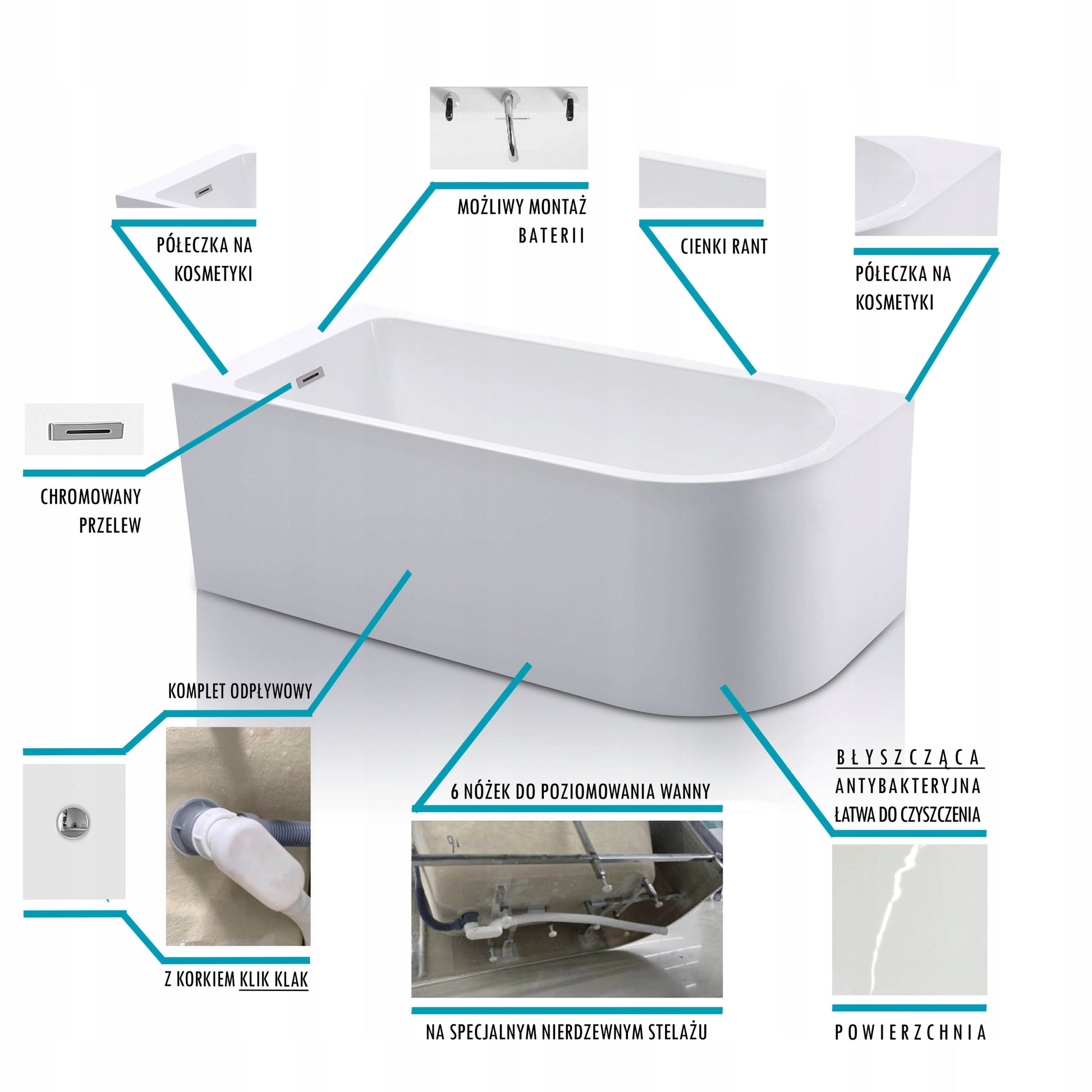 Akrylowa wanna narożna Restia, wanna lewa, wanna prawa, wanna wolnostojąca Braider, wanna Restia, wanna przyścienna, biała, wygodna wanna, wanna Braider,
